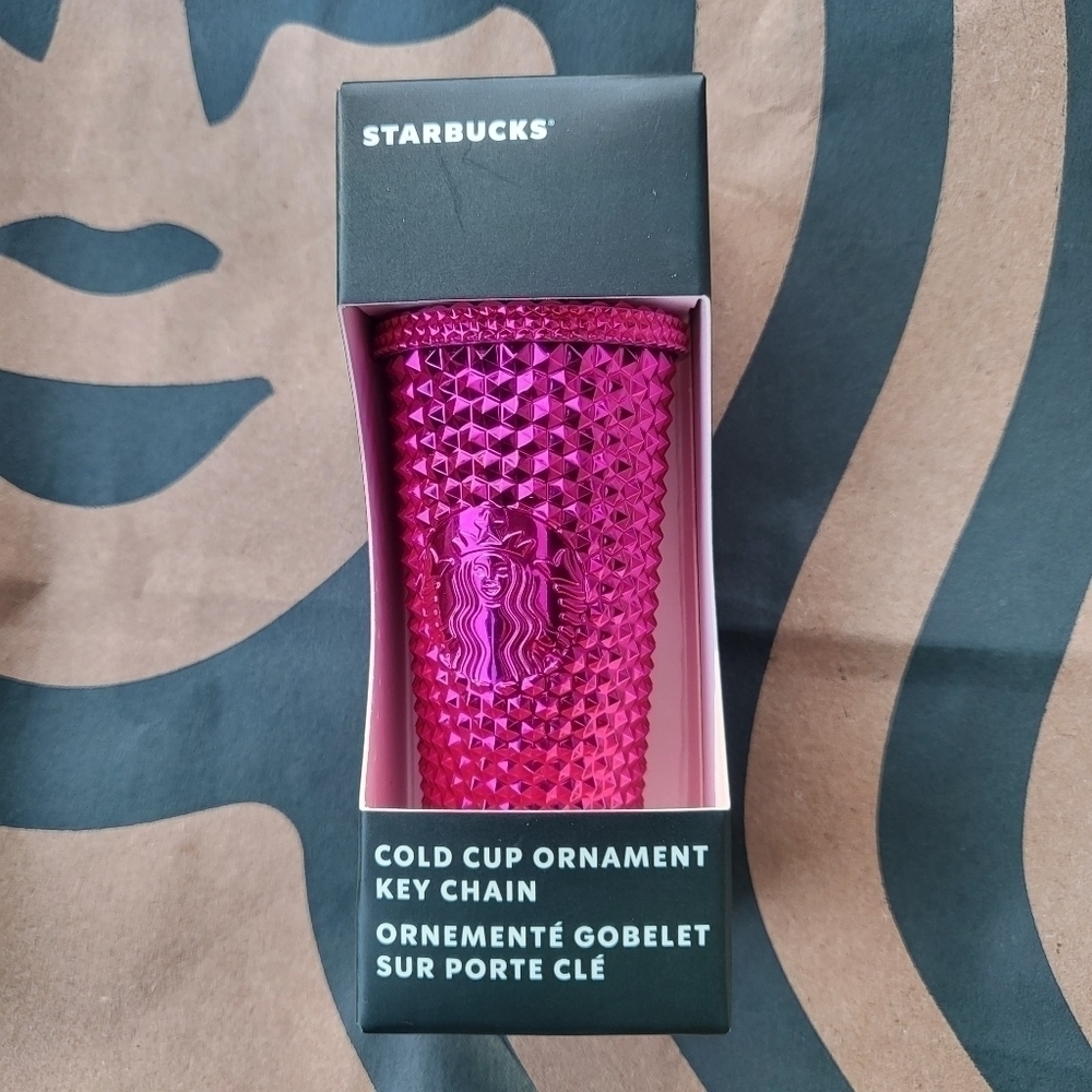 New Starbucks 2022 Cold Cup Ornament Key Chain Metallic Sangria Studded NIB